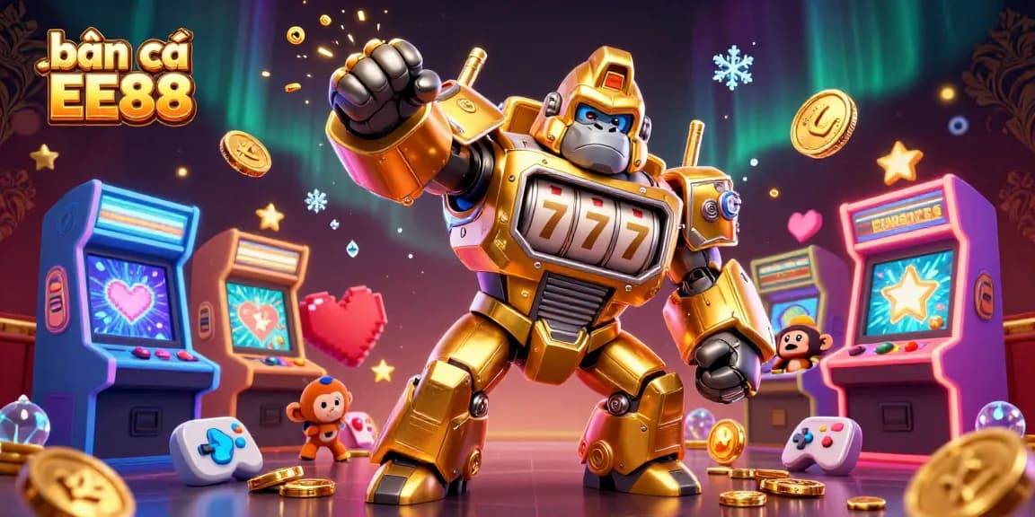 Bắn cá EE88 adventure with a golden gorilla mech in a vibrant casino environment, showcasing dynamic game elements and explosive action.