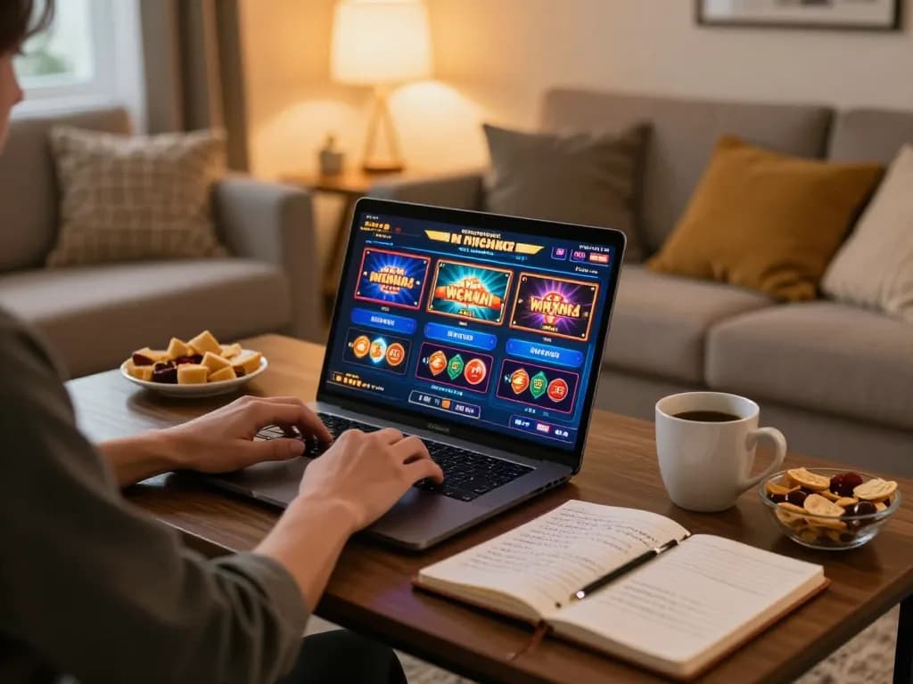 Engaging gameplay on OLYMPUS88 mega slots in a cozy home setting, highlighting online gambling.