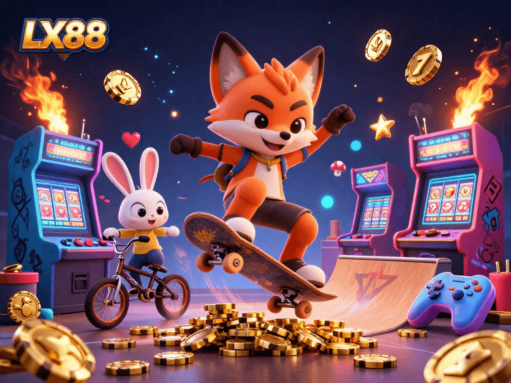 Experience the thrill of LX88 with vibrant casino-themed characters and games in action.