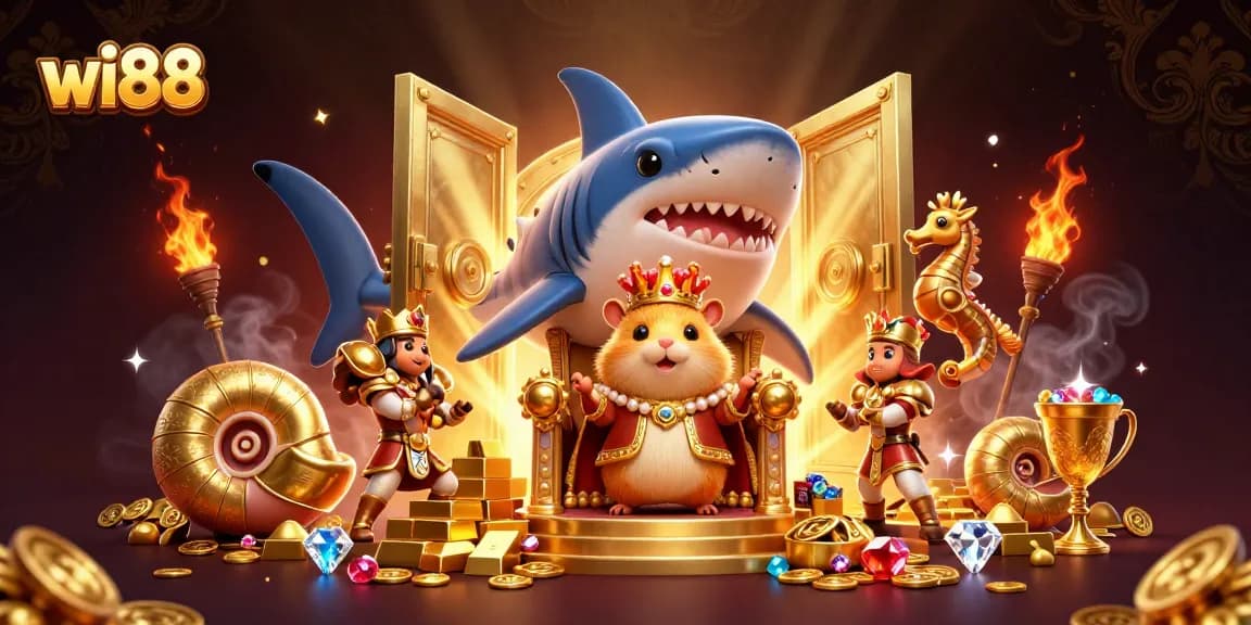Win big at wi88 with an exciting scene of a golden hamster king, treasure, and royal guards!