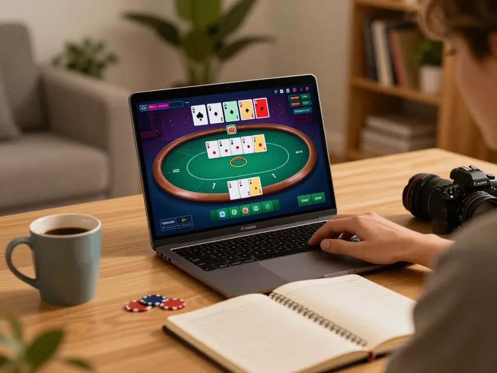 Gamer immersed in online poker game, showcasing thabete strategies with lively interface and cozy home setup.