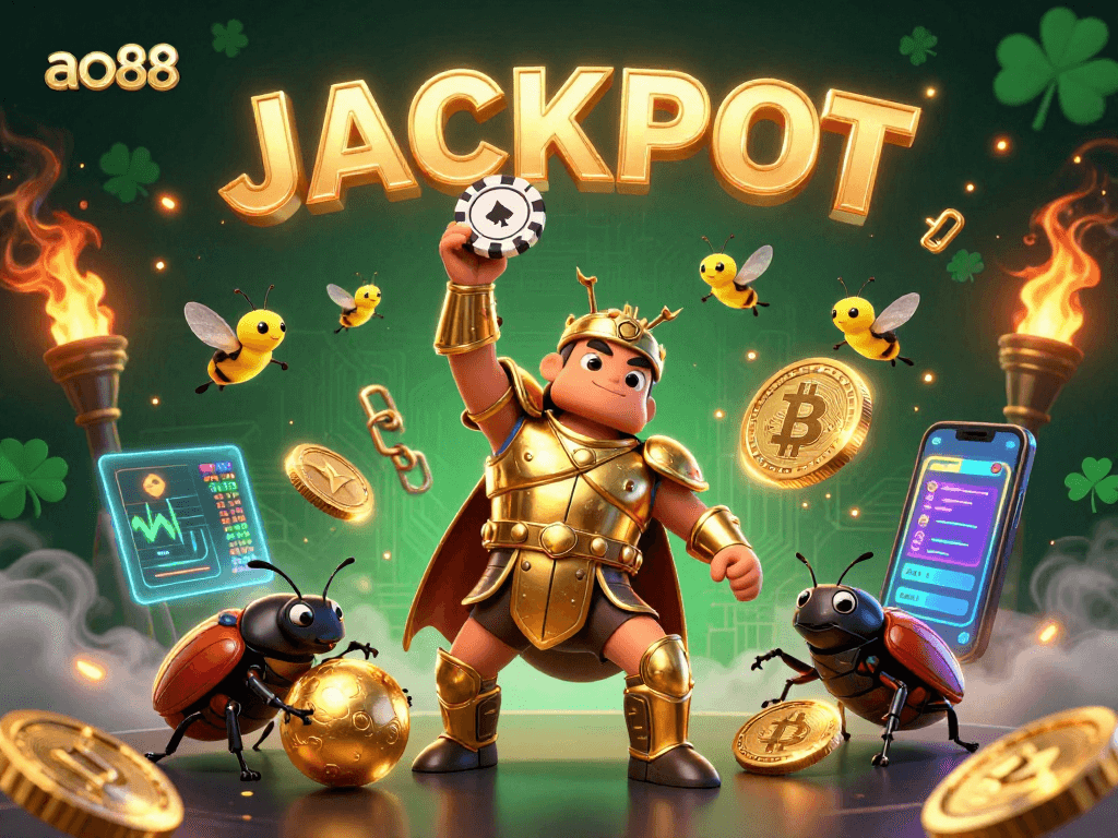 Spin and win big at ao88 with vibrant jackpots illustrated by a heroic beetle and fireflies.