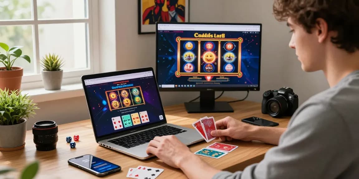 Player exploring credit card casinos on a laptop in a modern home office.