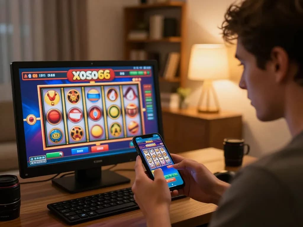 xoso66 app engaging in online slot gaming action at home, showcasing gameplay excitement and strategy