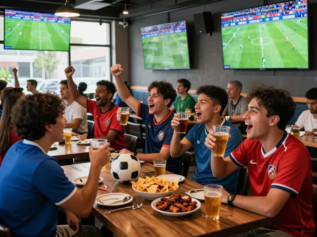 Kèo bóng đá hôm nay celebrated in a vibrant sports bar with fans cheering during a live match.
