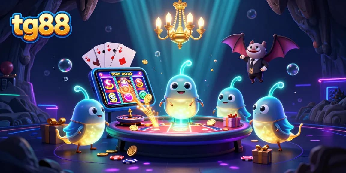 Engage in an exciting tg88 slot adventure with glowing characters and vibrant casino elements.