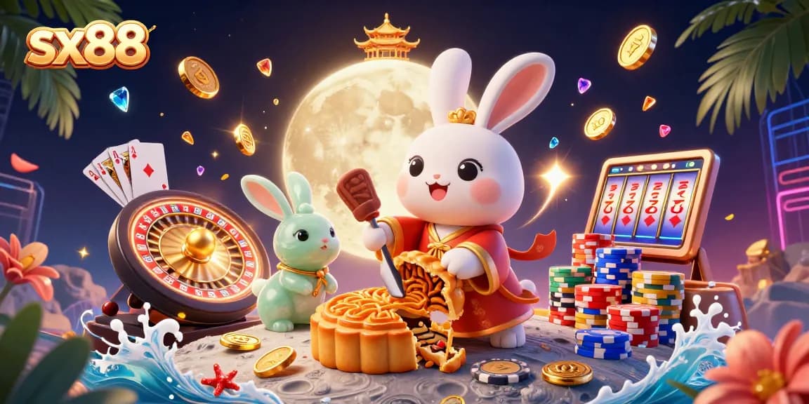 Experience thrilling gameplay at sx88 with vibrant casino-themed 3D illustration showcasing lunar characters.