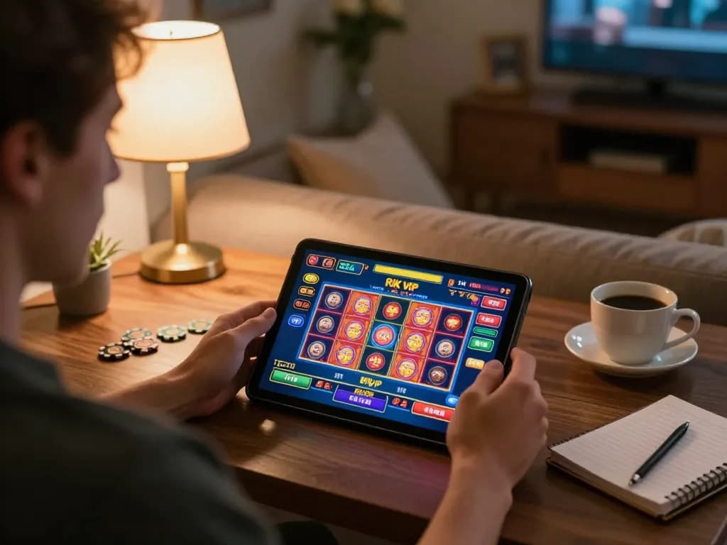 Engaged player enjoying rik vip online casino experience on tablet with vibrant game interface.