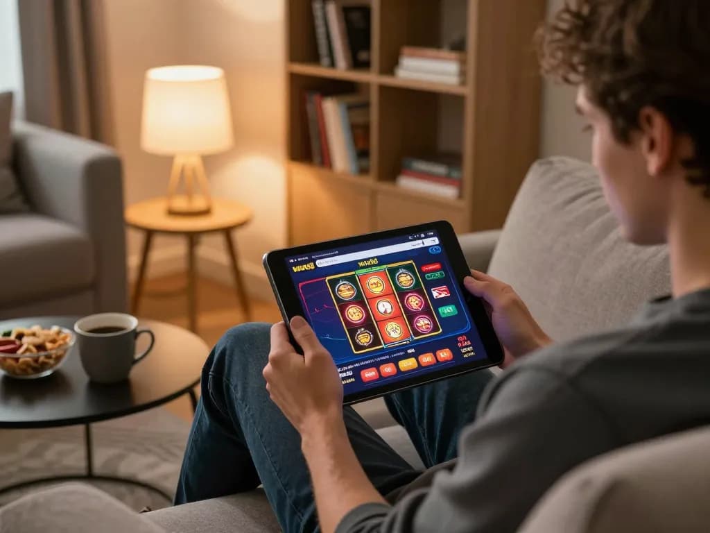 Engaging with win68 online casino on a tablet in a cozy home setting with snacks and books.