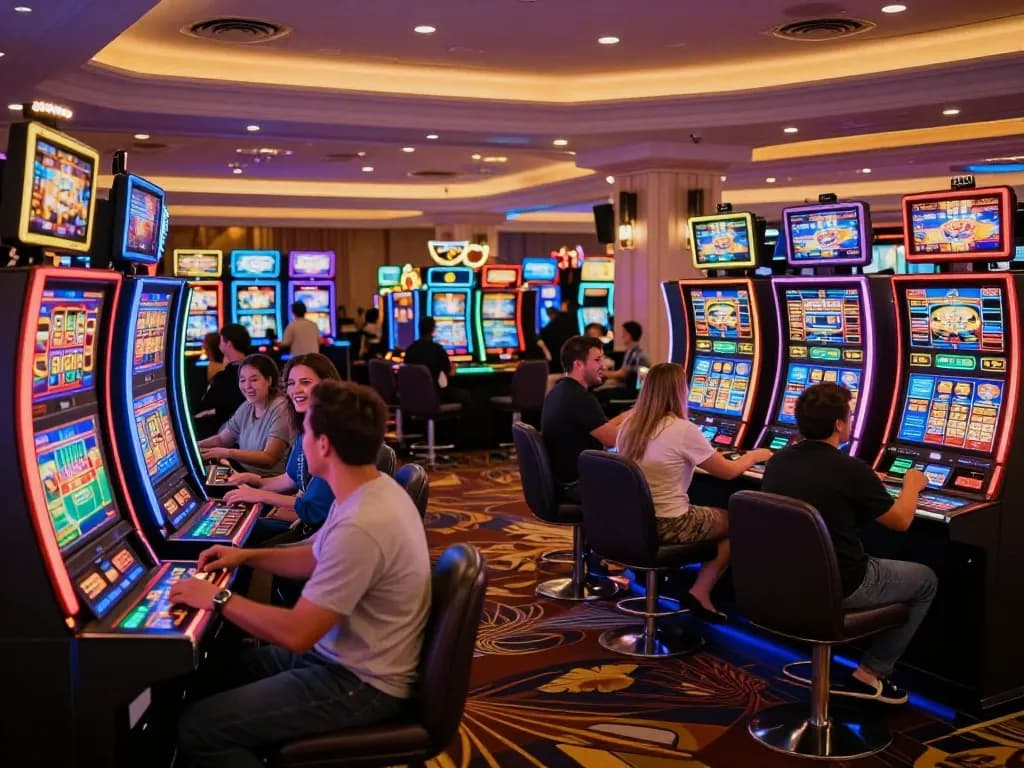 Players enjoying various games at a casino, highlighting the excitement of DA88 slot machines in action with colorful lights.