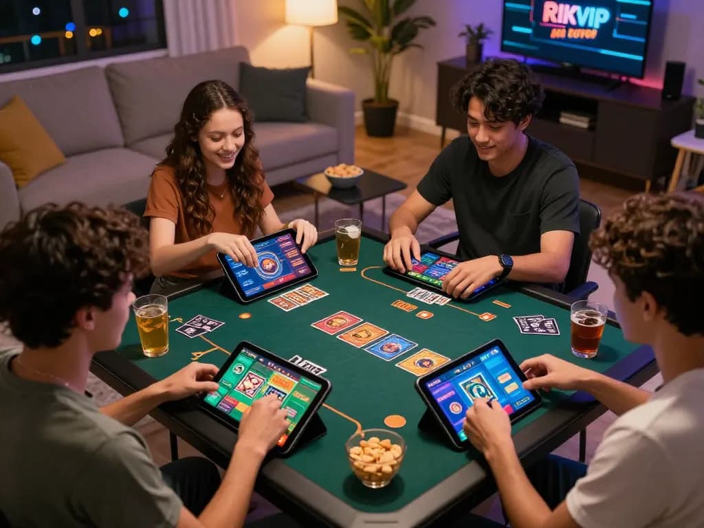 Exciting group gaming night featuring RIKVIP card games on digital devices.