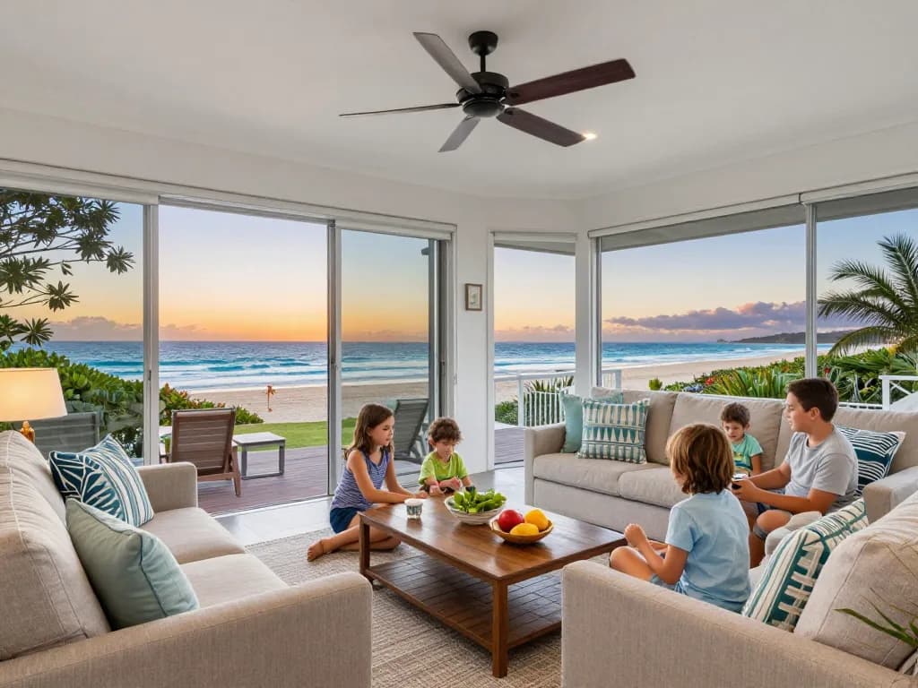 Stunning beachfront property showcasing airbnb management gold coast with a welcoming atmosphere and family enjoying quality time.