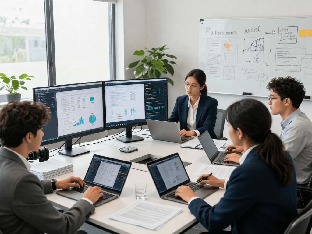 Team analyzing document fraud detection strategies in a modern office, showcasing technology and collaboration.