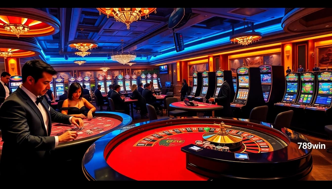Experience the thrill of gaming at 789win, showcasing a sophisticated casino scene with players and colorful gaming elements.