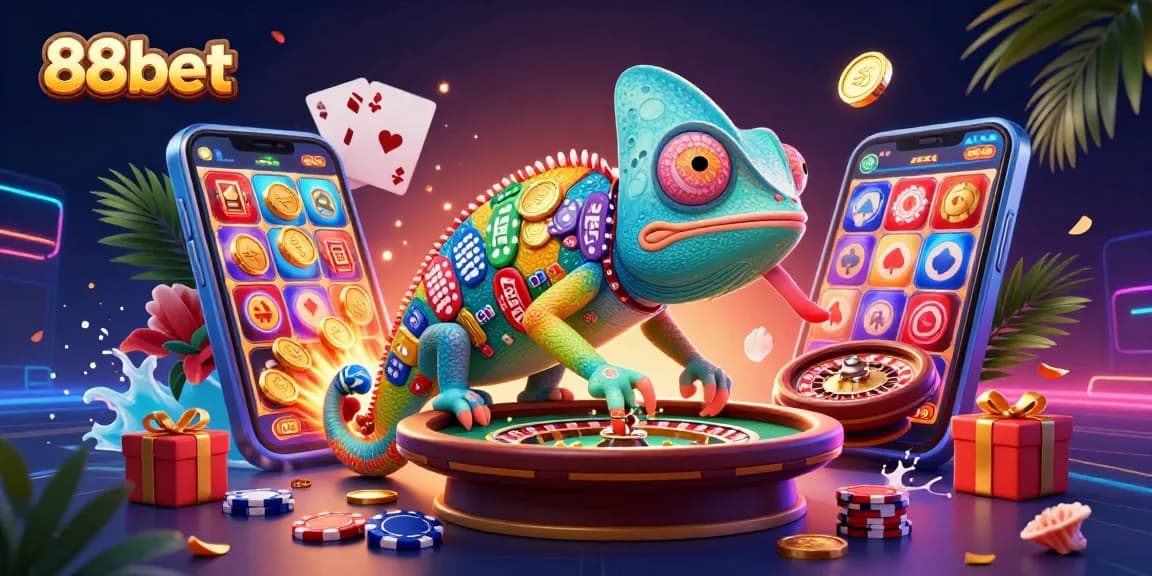 Engage with 88bet’s vibrant casino scene featuring a colorful chameleon, golden coins, and slot game action.