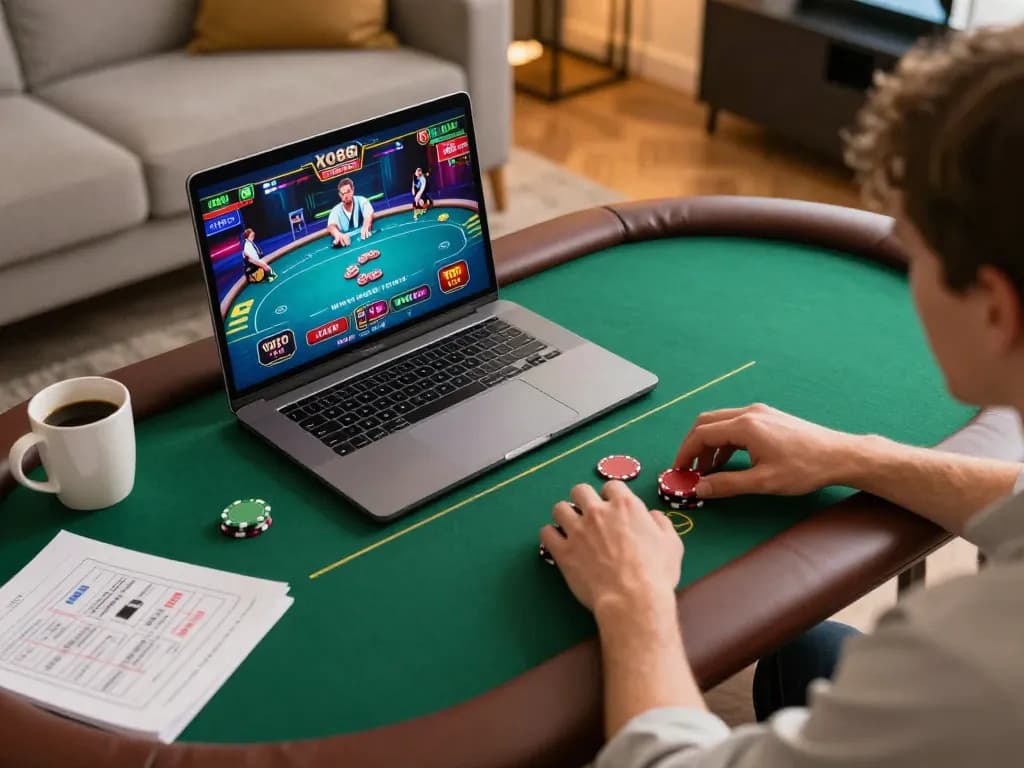 Enjoying a thrilling poker game at home with XO88 gaming setup, laptop displaying lively gameplay.