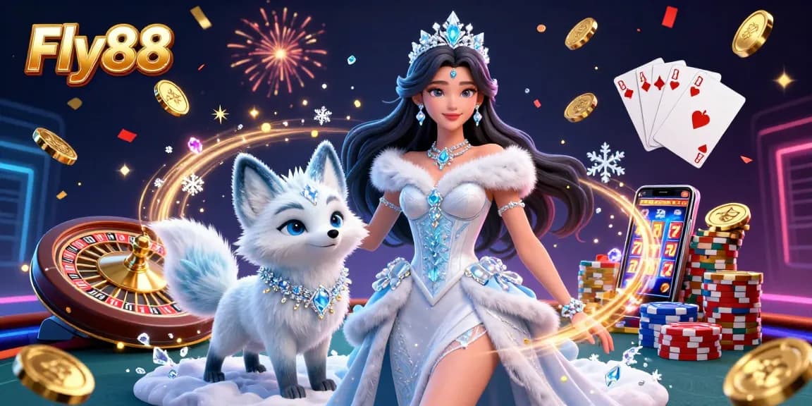 Engage with Fly88's thrilling casino environment, featuring immersive 3D characters, golden coins, and gaming elements.