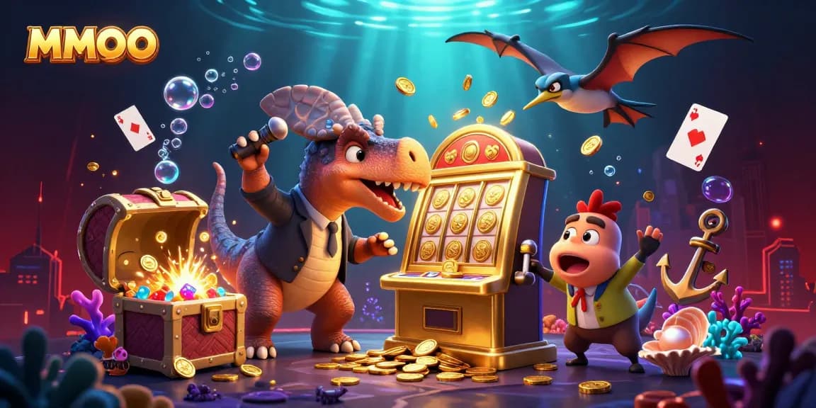 MMOO features a 3D cartoon dinosaur winning at a golden slot machine while treasure and coins explode around the scene.