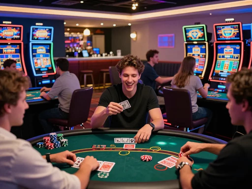Excited players in a vibrant bomwin online gambling setting celebrating winnings at a contemporary gaming room.