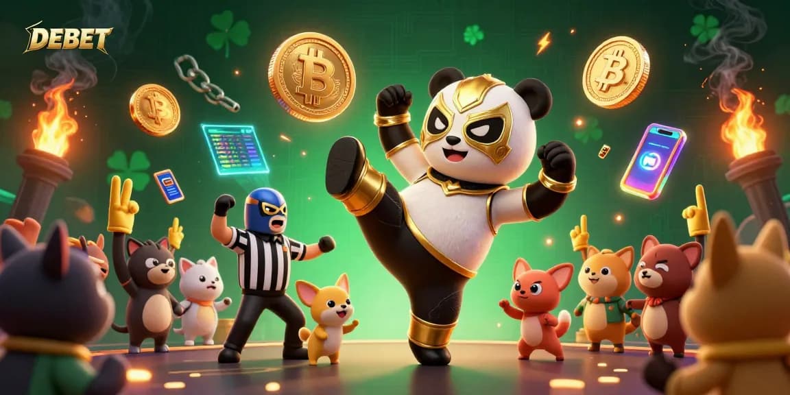 Experience DEBET's exciting action with a wrestling panda and crypto elements in this illustrative casino scene.