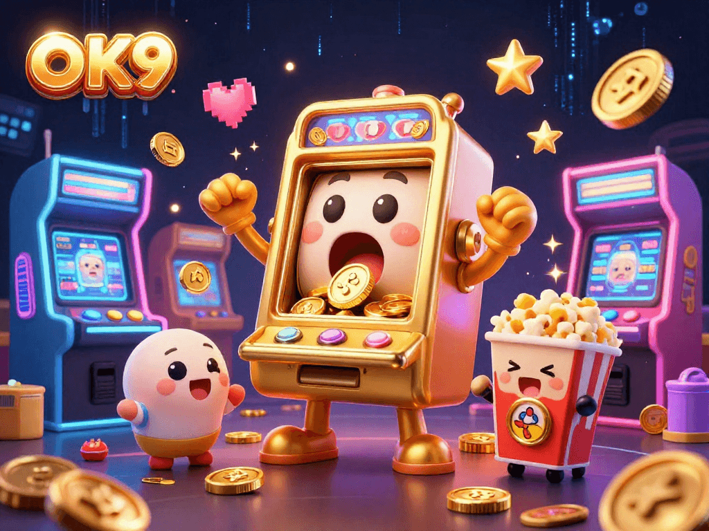 OK9 cartoon slot machine with a jackpot expression pouring coins, surrounded by game elements.