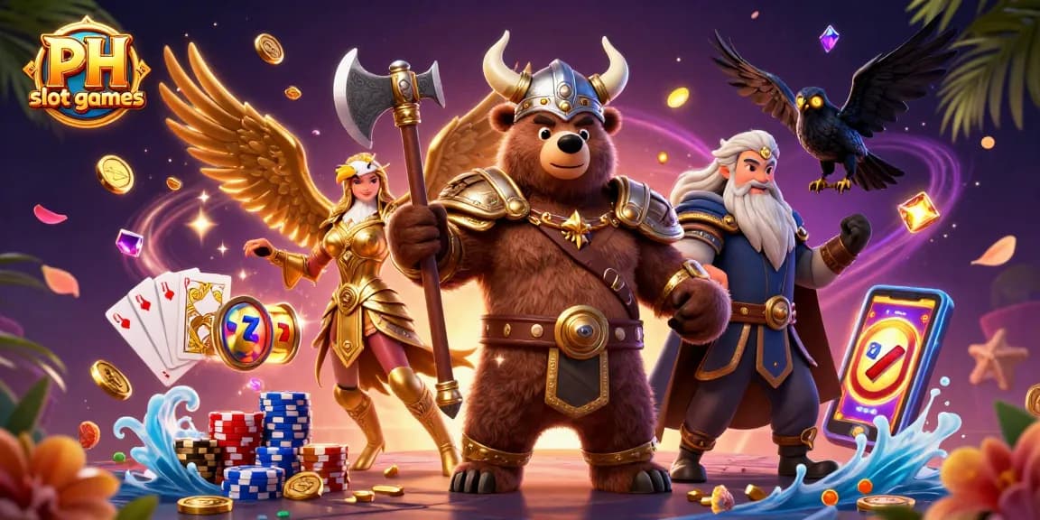 Engage in thrilling PH slot games with a Viking bear and Valkyrie eagle amidst dynamic casino elements.