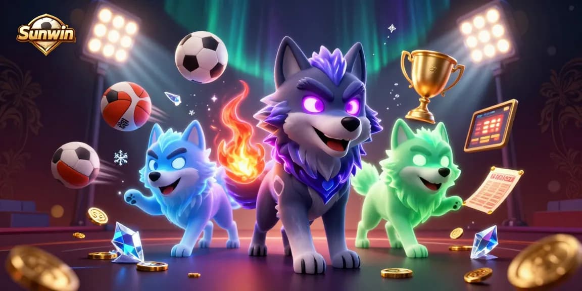 Experience thrilling bets at Sunwin with a lively 3D casino illustration of spectral wolves, sports elements, and dynamic gameplay.