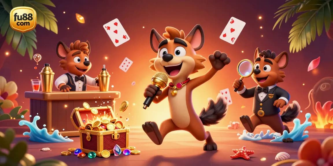 Win big at fu88 com with hyenas running a vibrant casino club, filled with laughing and excitement.