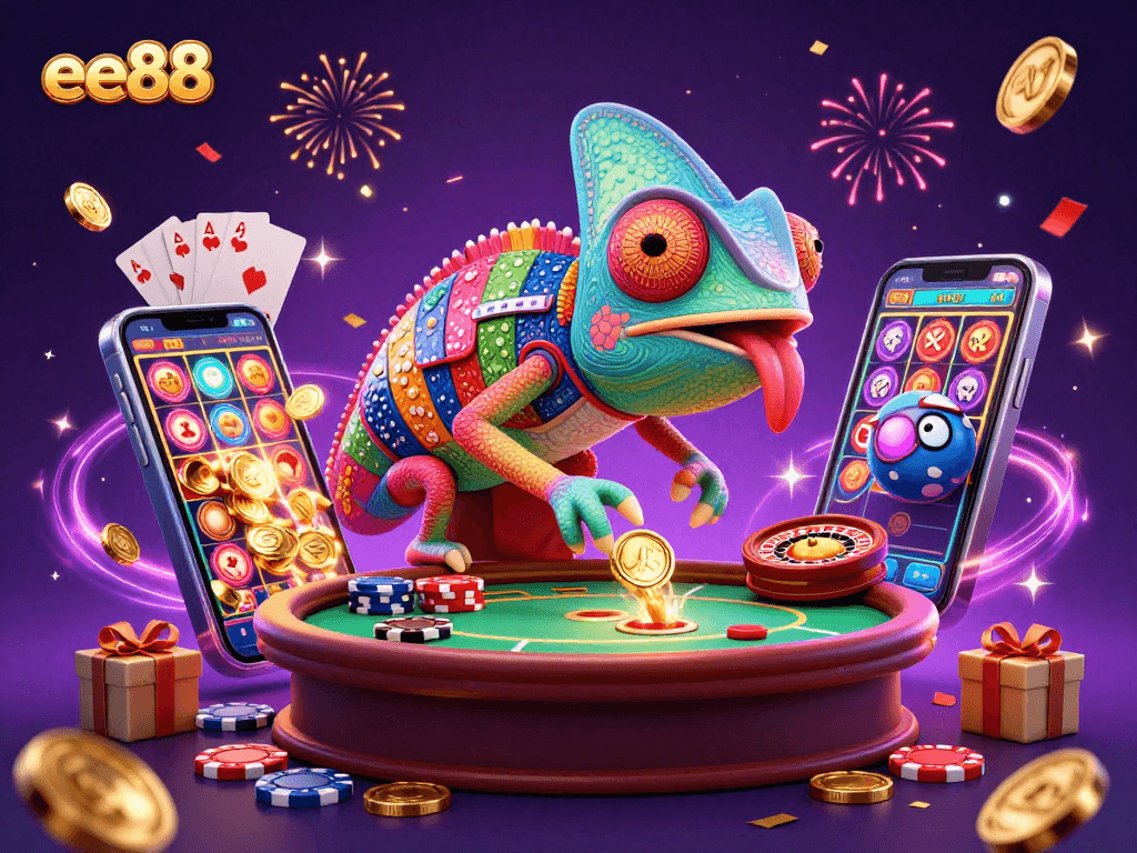 Experience thrilling casino action at ee88 with colorful games, golden coins, and vibrant celebrations.