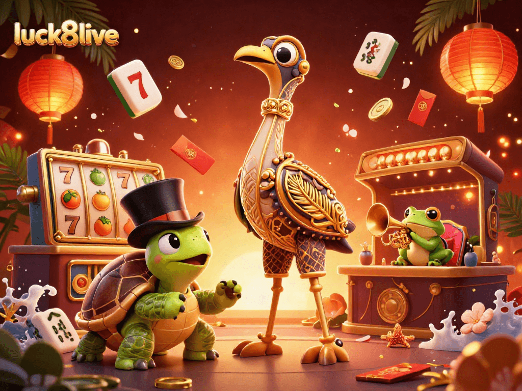 Engage with luck8live in this vibrant 3D casino scene filled with slot reels and festive elements.