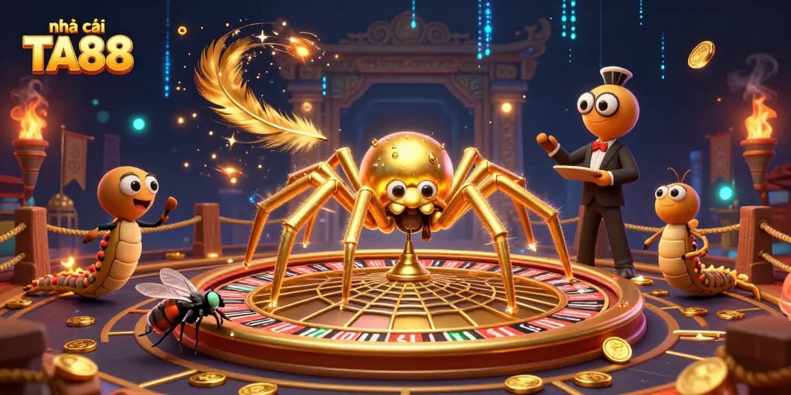 Engage with the vibrant gambling scene at nhà cái TA88 featuring an adventurous spider and centipede dealer.
