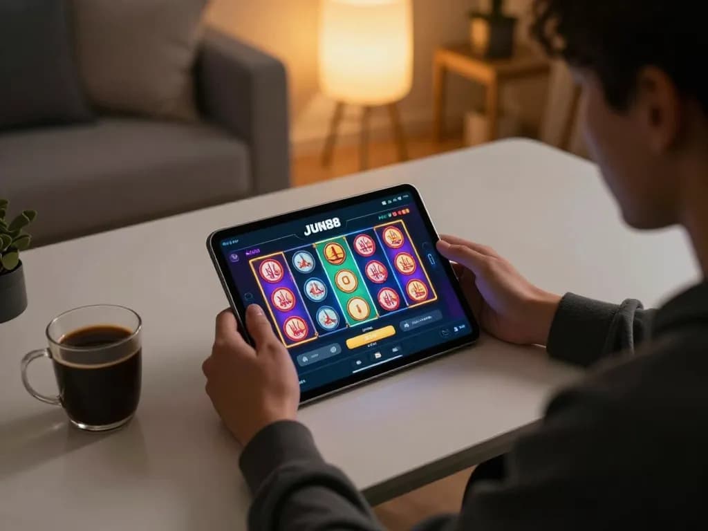 Engaging with the JUN88 gaming app on a tablet in a cozy home setting, showcasing mobile gambling