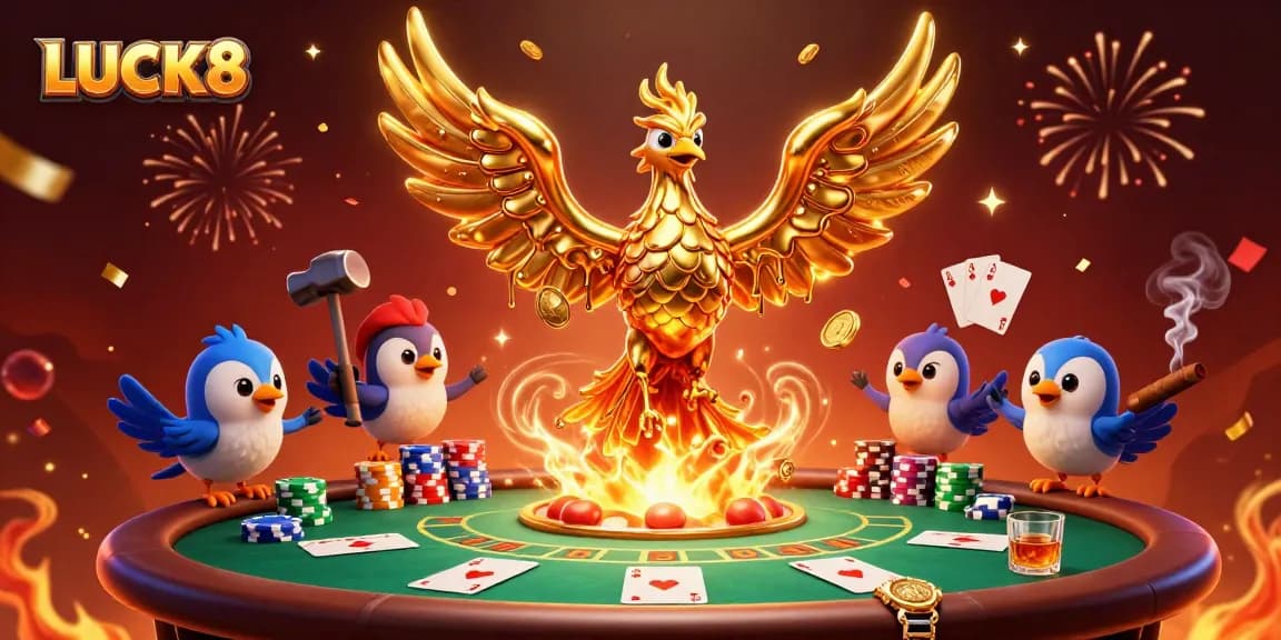 LUCK8 gamers enjoying vibrant casino action with gold phoenix and poker elements in a lavish setting.