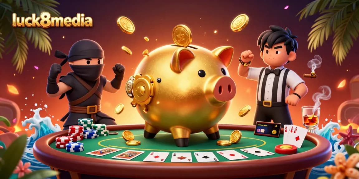 Experience thrilling gameplay with luck8media as a golden piggy bank sumo wrestler stomps coins around a lively poker scene.