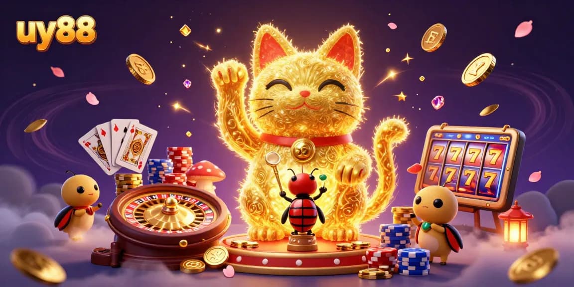 Experience excitement at uy88 with a lucky cat and dynamic casino elements in a vibrant scene.