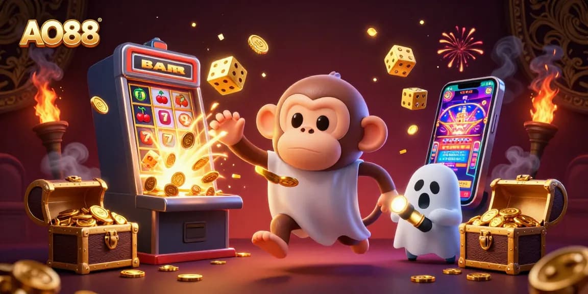 Experience thrills with AO88 as a playful poltergeist monkey juggles coins in a haunted casino scene.