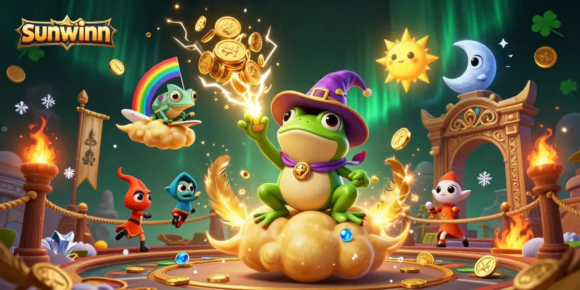 Experience thrilling wins at sunwinn while a weather wizard frog conjures golden coins and sparks excitement in this vibrant illustration.