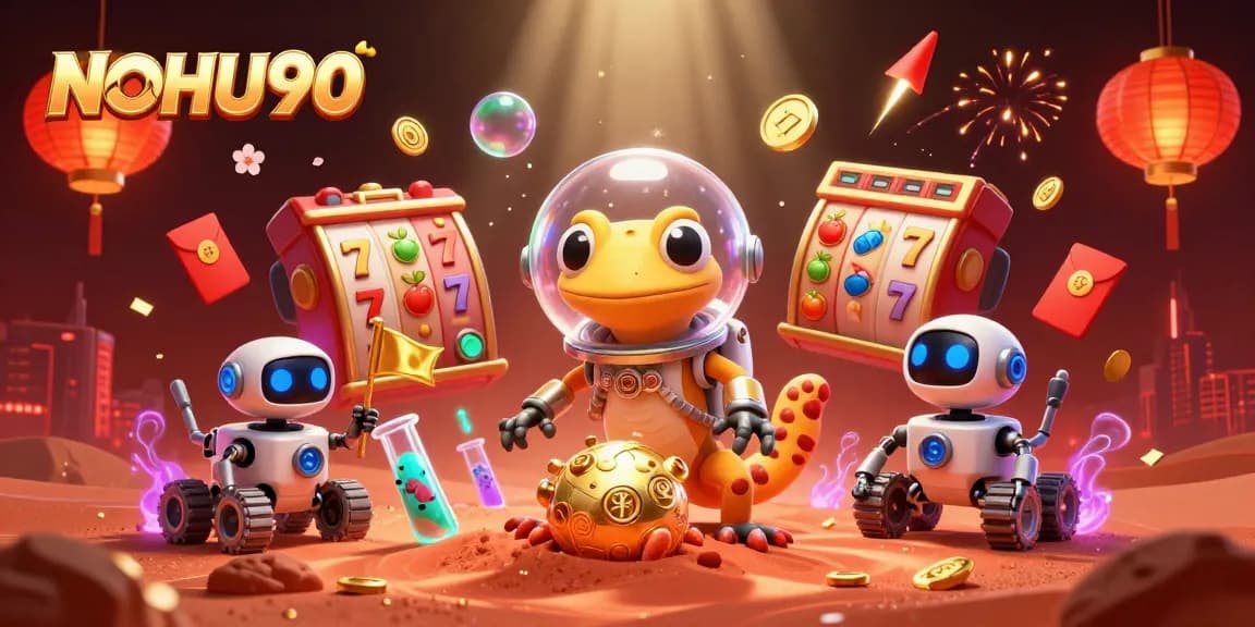 Experience the excitement of NOHU90 with a Martian gecko discovering a golden casino filled with jackpots and rewards.