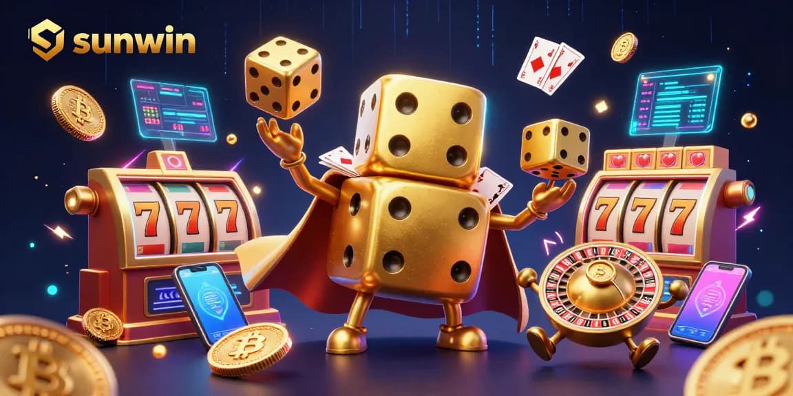Engage with sunwin's vibrant casino scene showcasing golden dice golem and slot reels in action.