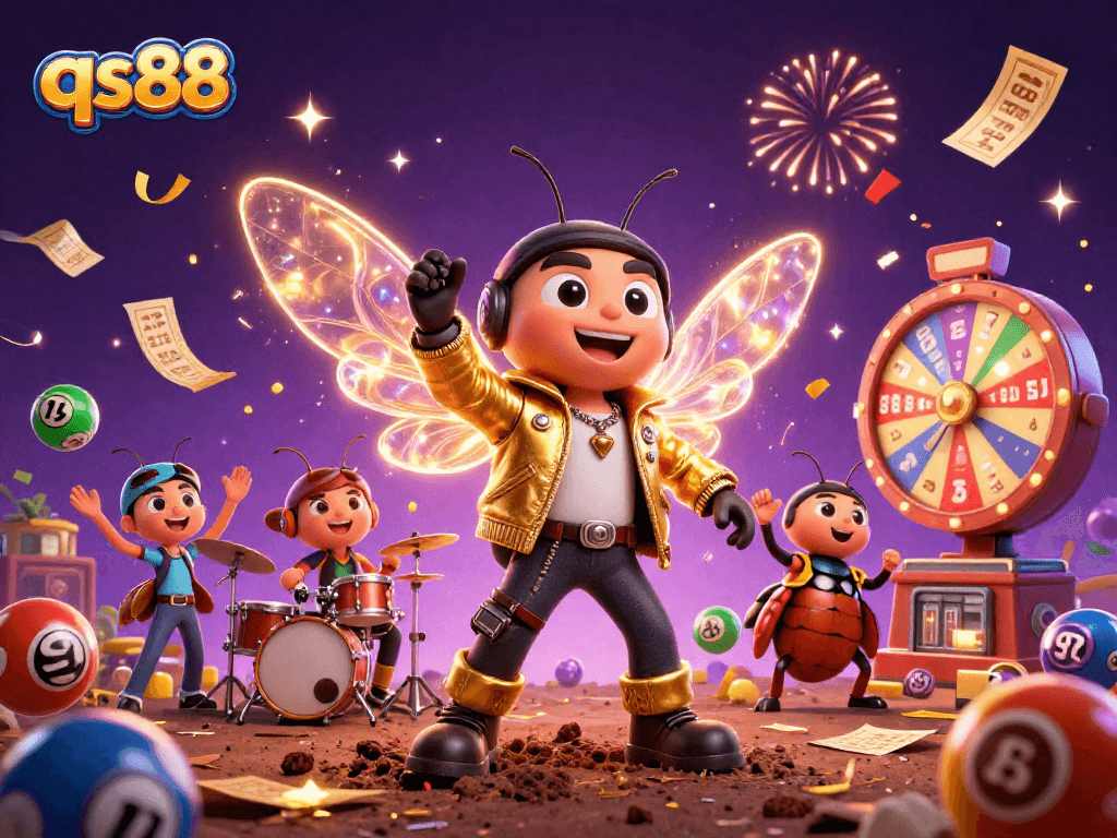 Engage with qs88's dynamic lottery scene featuring vibrant numbers, golden tickets, and celebratory elements.