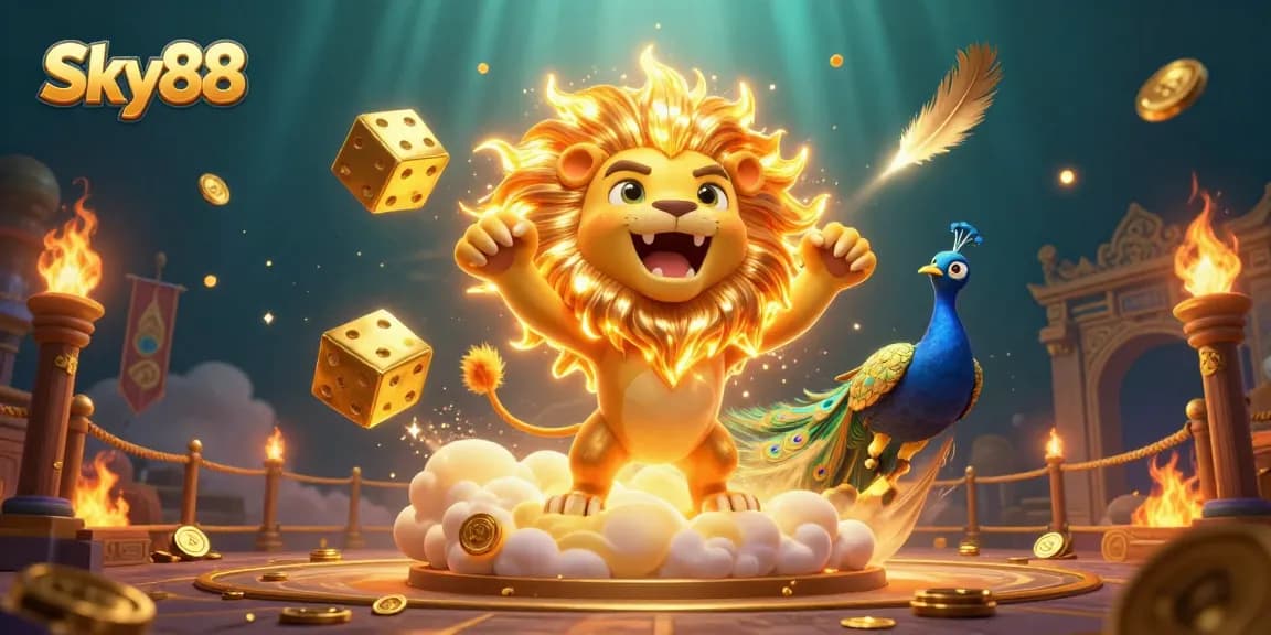 Experience thrilling gameplay with Sky88's vibrant 3D casino scene filled with golden dice, peacock, and game elements.