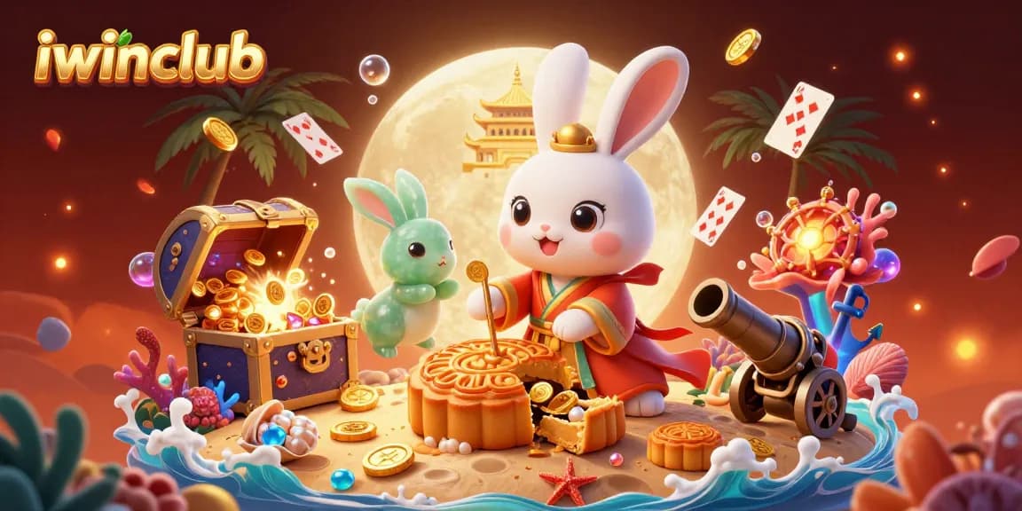 iwinclub presents a vibrant 3D scene of a moon rabbit creating golden mooncakes, revealing poker chips inside, symbolizing online gaming.