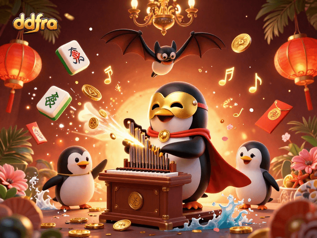 Experience the vibrant excitement at ddfra, showcasing a phantom penguin playing for golden jackpots surrounded by festive elements.