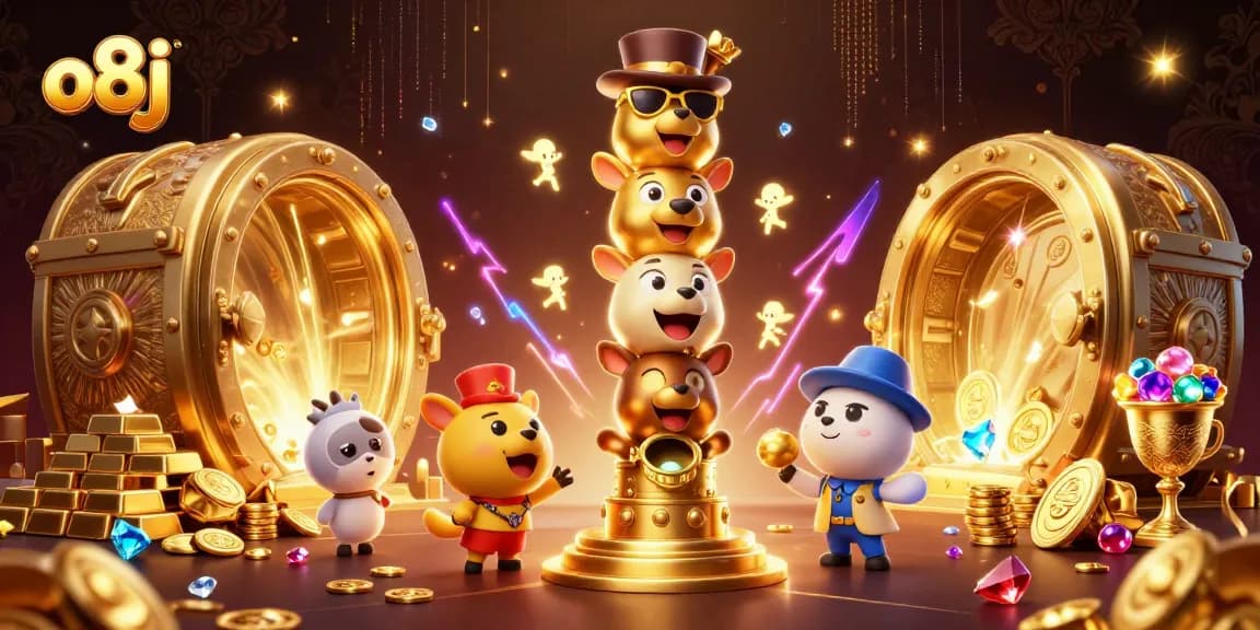 Spin the reels and win big with o8j, featuring a dynamic casino scene rich with gold and treasures.