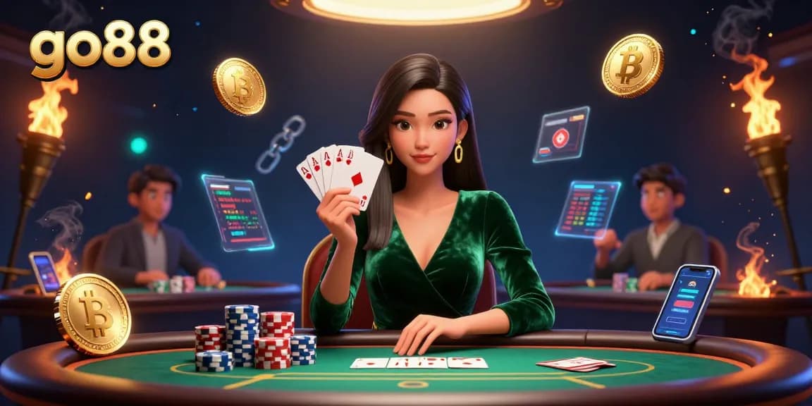 Play poker at go88 with a stunning Asian woman surrounded by neon crypto elements for an immersive experience.
