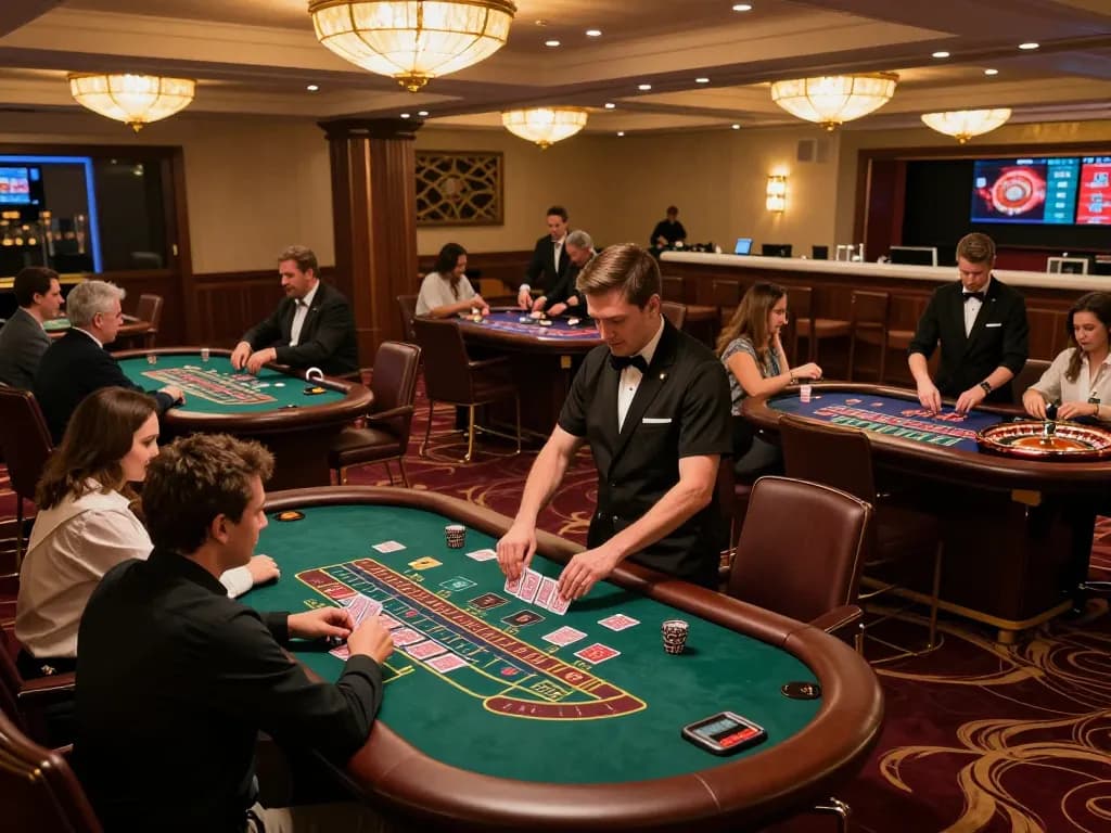 KONG88 players enjoying an exciting blackjack game at a vibrant casino floor.