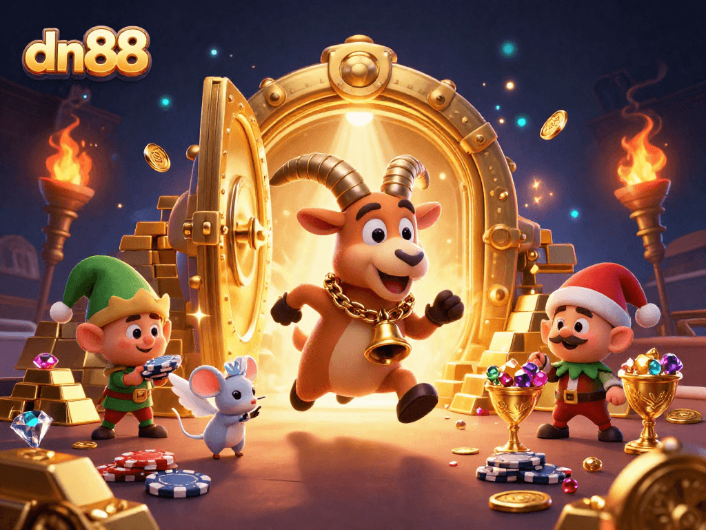 Experience fun and excitement at DN88 casino with vibrant gaming scenes and festive characters.