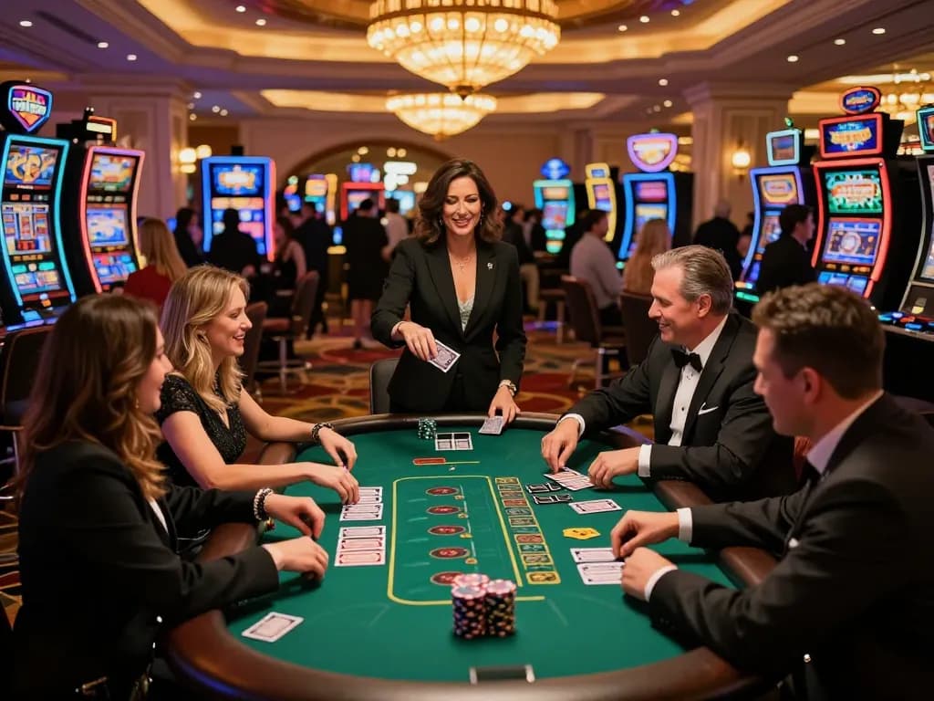 Hitclub patrons enjoying blackjack at a vibrant Las Vegas casino, highlighting dynamic gameplay and thrilling atmosphere