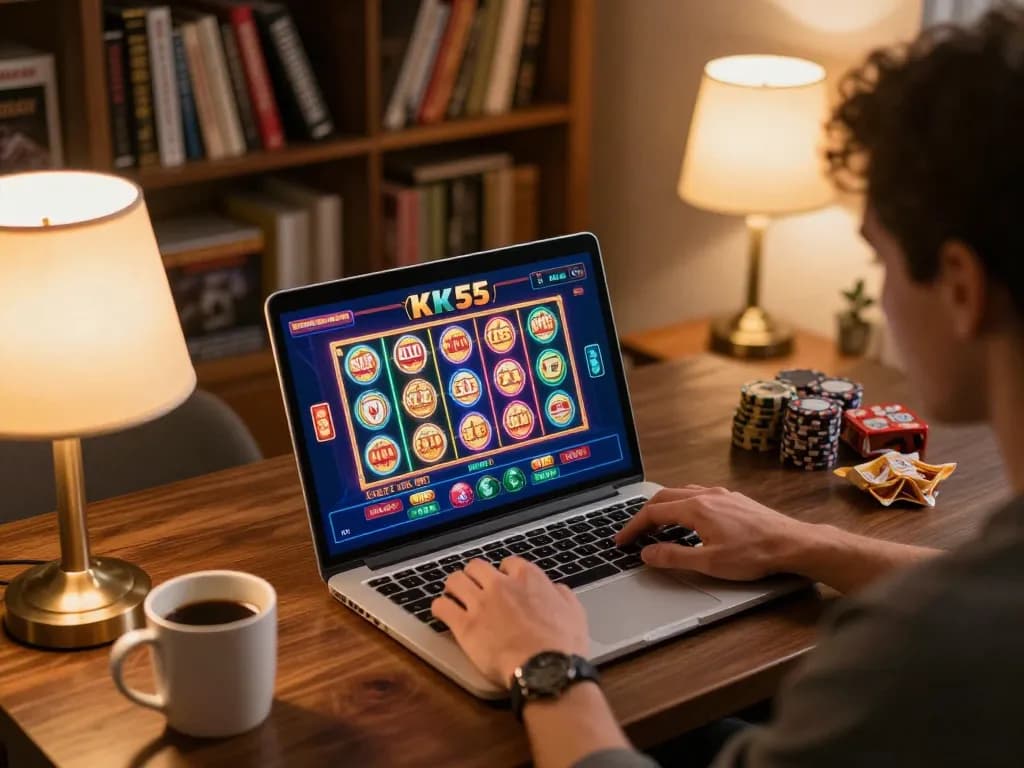 Player engaging with KK55 online casino interface on laptop at home, showcasing an exciting gambling atmosphere.