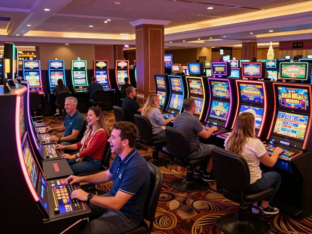 Players enjoying vibrant slot machines at a casino while engaging with 7me platform for better gaming experiences.